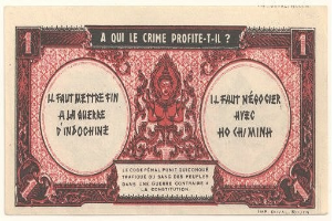 Alte französische Banknote mit ernstem Mann im Anzug, Text "A qui le crime profite-il?" auf weißem Hintergrund mit schwarzem Rand.