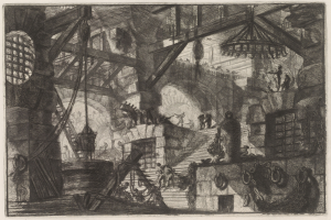 Eine Schwarz-Weiß-Zeichnung eines Werks mit arbeitenden Menschen darin, mit Text unten.