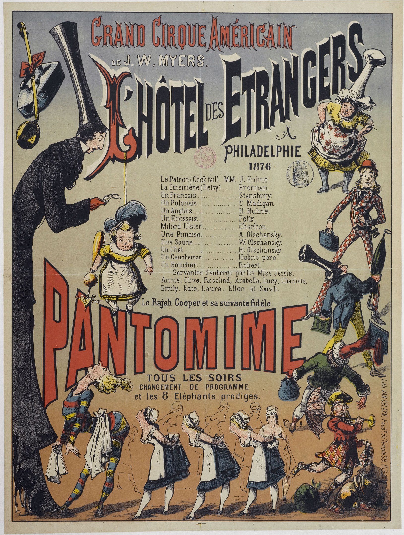 Alter Zirkusplakat aus Philadelphia, Pennsylvania, das eine Pantomime-Show mit Künstlern in bunten Kostümen und fetter Schrift ankündigt.