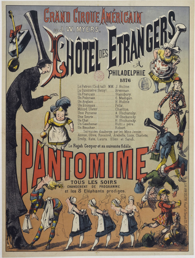 Alter Zirkusplakat aus Philadelphia, Pennsylvania, das eine Pantomime-Show mit Künstlern in bunten Kostümen und fetter Schrift ankündigt.