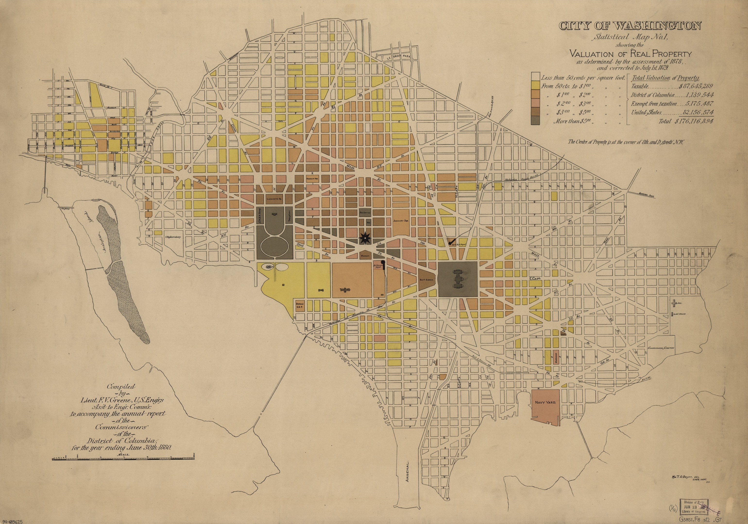 Alte Karte von Washington, D.C., die den tatsächlichen Immobilienwert hervorhebt, mit detaillierten Straßen, Parks und Sehenswürdigkeiten in fetter Schrift.