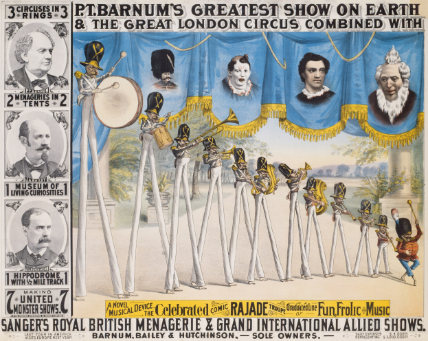 Plakat für den Großen Londoner Zirkus mit Illustrationen von Musikern, die Instrumente spielen und vor einer gemalten Kulisse aus Bäumen und Himmel stehen, begleitet von Text.