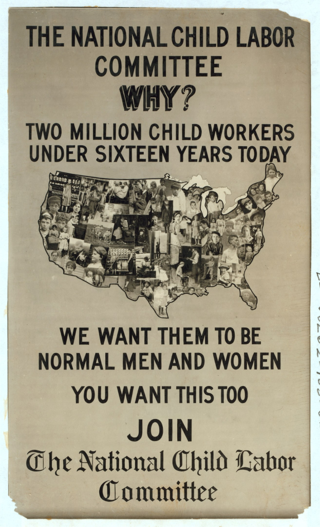 Plakat mit der Aufschrift "Der Nationale Ausschuss für Kinderarbeit: Warum? Zweieinhalb Millionen Kinderarbeiter unter sechzehn Jahren heute" mit einer Karte der USA und mehreren abgebildeten Ausschussmitgliedern.