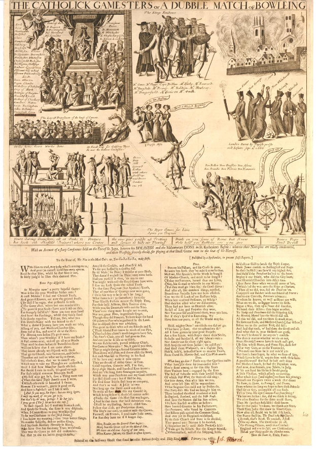 Ein Blatt mit Illustrationen von katholischen Spielern in verschiedenen Bowling-Positionen, begleitet von Text, der die Regeln und Vorschriften eines Doppel-Match-Bowling-Spiels beschreibt.
