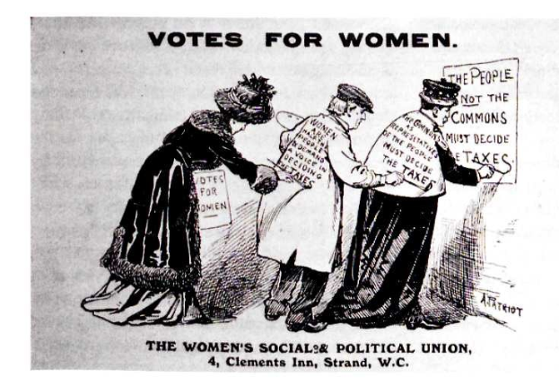 Cartoon von drei Frauen in traditioneller Kleidung, die ein Papier mit der Aufschrift 'Votes for Women: The Women's Social & Political Union' gegen einen hellblauen Himmel mit weißen Wolken halten.
