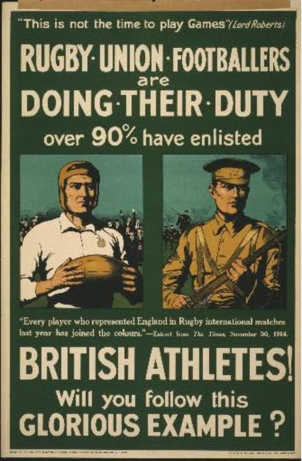 Britische Rugby-Union-Spieler in einem Plakat, das Athleten zur Einberufung ermutigt, mit Text, der ihre Aufgaben hervorhebt.