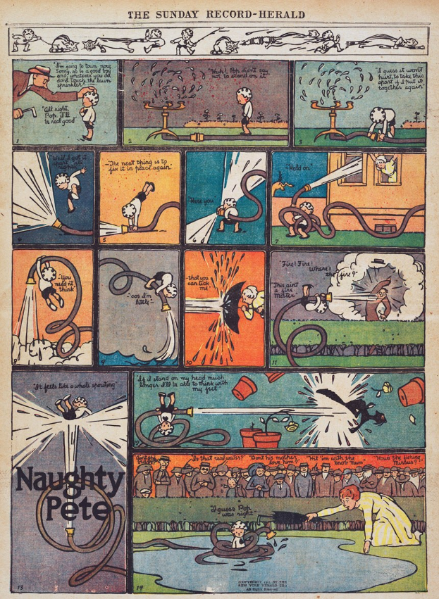 Cartoon eines Mannes in Anzug und Krawatte in einem Comic-Strip umgeben von Text.