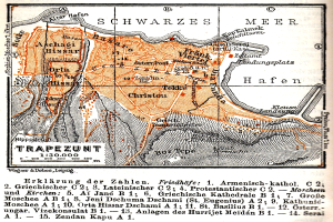 Ein detailliertes altes Stadtplan von Trapezunt, Deutschland, der Straßen, Gebäude, Sehenswürdigkeiten und begleitenden Text mit Informationen über die Bevölkerung, Straßen und Sehenswürdigkeiten zeigt.