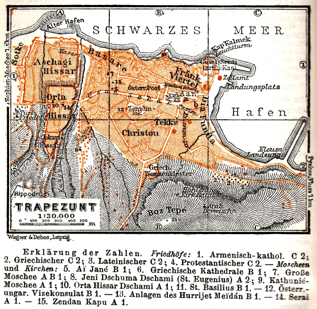 Ein detailliertes altes Stadtplan von Trapezunt, Deutschland, der Straßen, Gebäude, Sehenswürdigkeiten und begleitenden Text mit Informationen über die Bevölkerung, Straßen und Sehenswürdigkeiten zeigt.