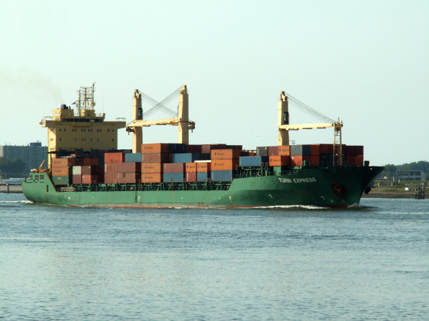 Ein großes grünes Containerschiff mit vielen Containern an Bord fährt auf einem Gewässer, mit Gebäuden, Bäumen und einem klaren blauen Himmel im Hintergrund.