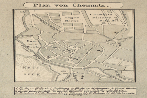 Ein detaillierter Stadtplan von Chemnitz, Deutschland, auf Papier mit Straßen, Gebäuden und Sehenswürdigkeiten sowie handgeschriebenem Text.