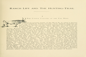 Ein aufgeschlagenes Buch mit einer realistischen Zeichnung einer Kuh und der großen Schrift "Ranch Life and the Hunting-Trail" darunter.