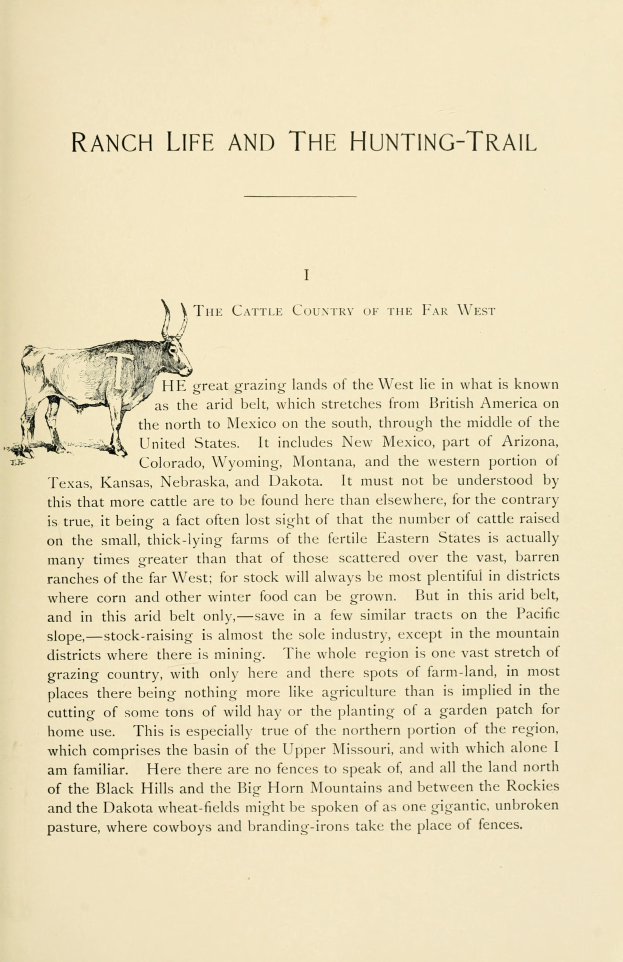 Ein aufgeschlagenes Buch mit einer realistischen Zeichnung einer Kuh und der großen Schrift "Ranch Life and the Hunting-Trail" darunter.