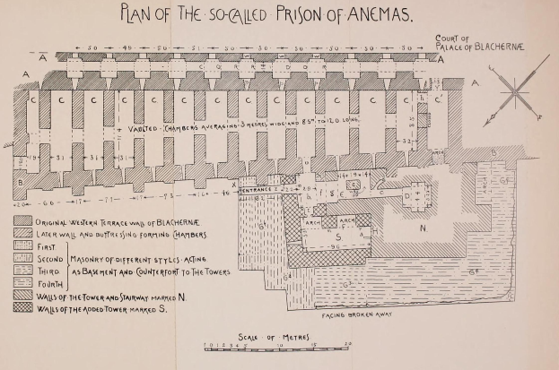 Ausführlicher architektonischer Plan des Anemas-Gefängnisses mit Räumen, Gängen, Fenstern und Türen sowie begleitendem erklärendem Text.