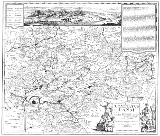 Schwarz-weißes Poster mit Stadtplan von Comitius Hanau, Straßen, Gebäuden und Fotos von Menschen.