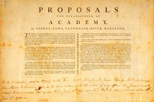 Ein altes Dokument mit dem Titel "Vorschläge zur Gründung einer Akademie in George Town, Patowack-River, Maryland"