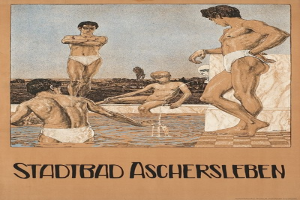 Gruppe von Menschen, die in einem Schwimmbad stehen und sitzen, mit Textwerbung für das Schwimmbad in Aschersleben, Deutschland.