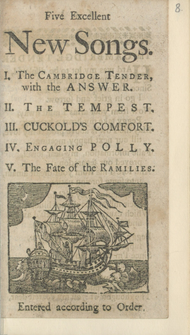 Altes Buchcover mit einem Segelschiff und der Aufschrift "Fünf ausgezeichnete neue Lieder" und einem hellblauen Himmel mit weißen Wolken.