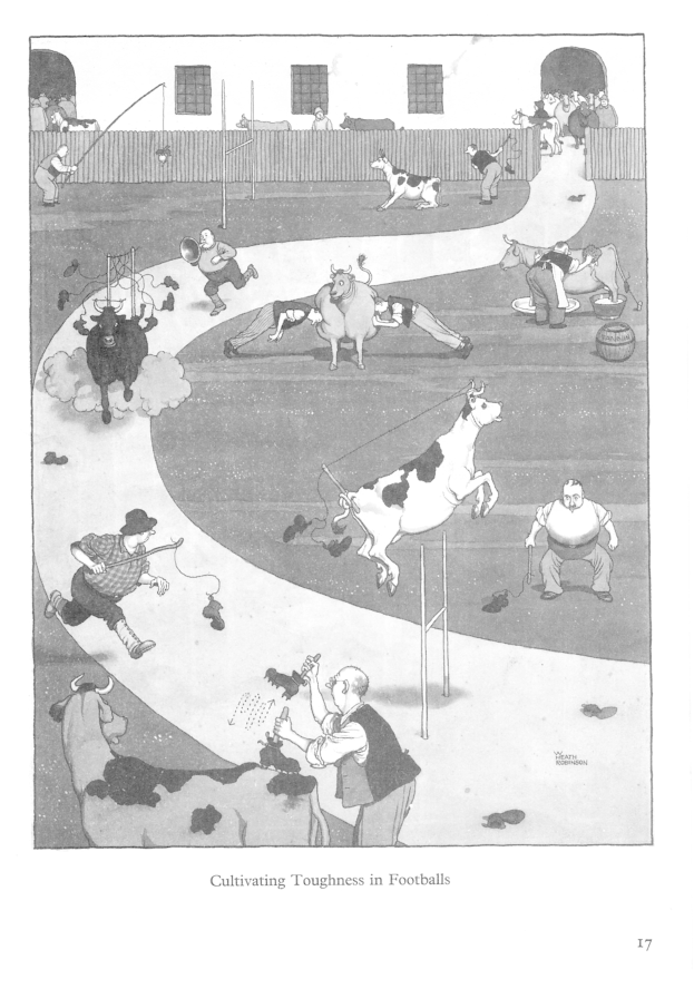 Schwarze und weiße Zeichnung von Menschen und Tieren auf einem Feld mit einer Wand und Fenstern im Hintergrund, mit dem Text "Züchten von Härte in Füßballs" unten.