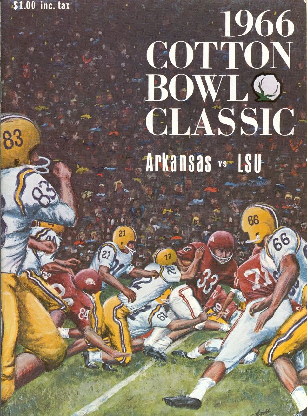 Buchumschlag mit einer Malerei eines Fußballspiels und dem Text "1966 Cotton Bowl Classic Arkansas vs LSU".