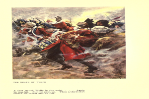 Ein Plakat, das eine Gruppe verzweifelter Menschen zeigt, einige schauen erschrocken nach oben, andere traurig nach unten, mit der Aufschrift 'Der Tod des Wolfe' unten.