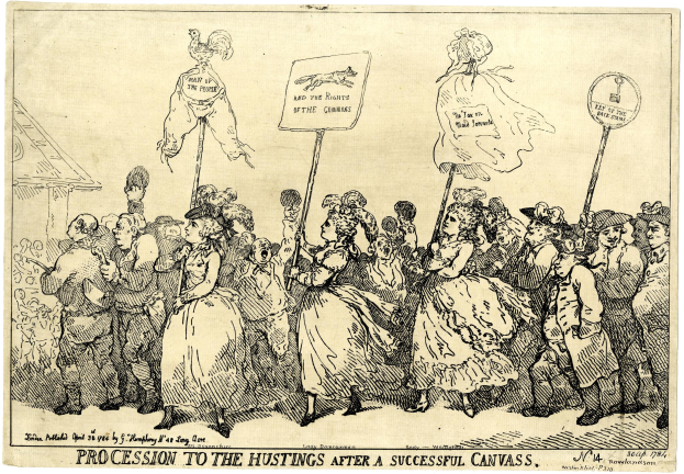 Eine historische Illustration einer Menge mit Schildern mit der Aufschrift "Prozession zum Hustings Nach einem erfolgreichen Canvas."