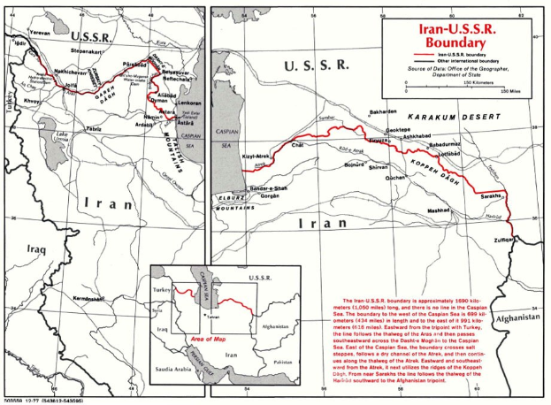 Detailierte Landkartenposter der iranisch-sowjetischen Grenze, das geografische Merkmale und Landesgrenzen mit begleitendem Text zeigt.