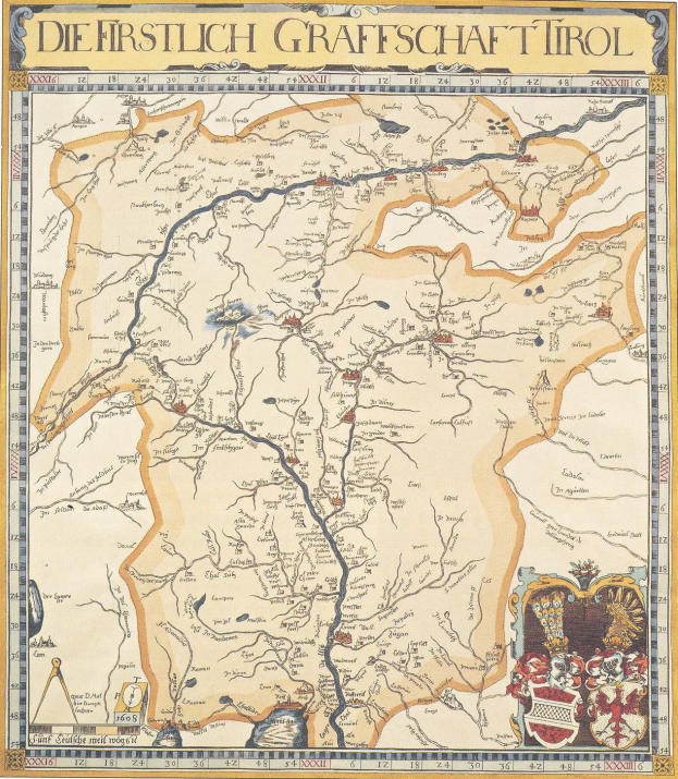 Detailliertes historisches Plakat der ersten Grafschaft Tirol-Karte, das geografische Merkmale wie Flüsse, Berge und Städte zeigt, mit begleitendem Text.