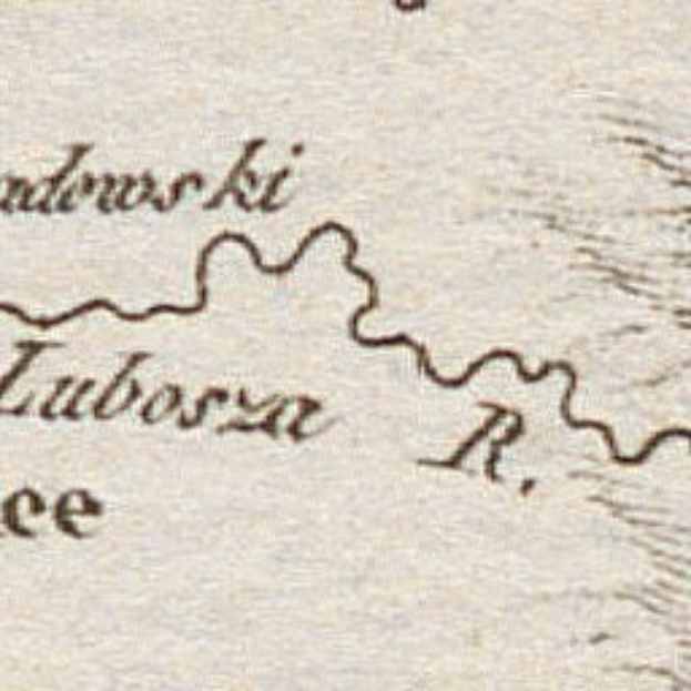 Ausführliche alte Karte von Lubosz, Polen, zeigt Straßen, Gebäude und Sehenswürdigkeiten mit zusätzlichem Text über Bevölkerung, Geschichte und Kultur.