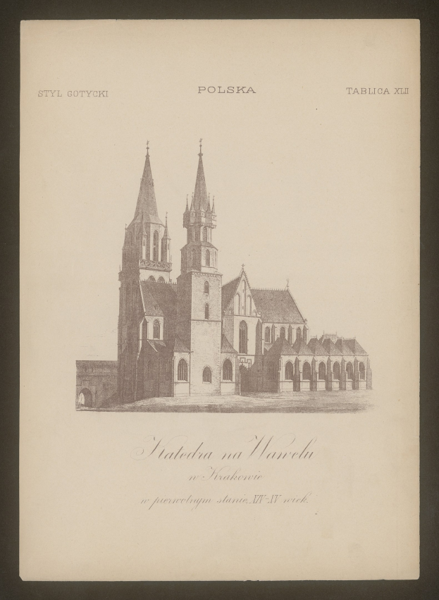 Eine detaillierte Abbildung eines alten Buchumschlags mit einer Kirche mit hohen Türmen und komplexer Architektur, begleitet von beschreibendem Text über seine Geschichte und Bedeutung.