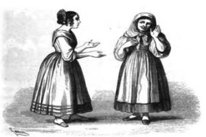 Zwei Frauen in 19. Jahrhundert-Kleidern nebeneinanderstehend, die sich unterhalten, mit Text unten: "Frauen des 19. Jahrhunderts."