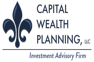 Logo der Capital Wealth Planning, LLC: ein blauer Kreis mit einer weißen Umrandung und einem weißen 'C' in der Mitte, umgeben von einem weißen Ring mit dem Firmennamen in blau und 'Investment Advisory Firm' in weiß darunter.