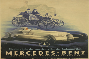 Vintage-Werbekampagne für Mercedes-Benz aus den 1930er Jahren mit einem Plakat, das ein Auto, zwei Personen im Inneren und ein Geb├Ąude im Hintergrund zeigt, sowie begleitenden Text.