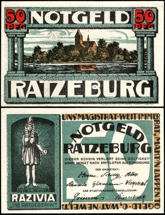 Alte deutsche Banknote mit einer Frau vor Bäumen, einem Gebäude und einem Himmel, wobei der Text "Ratzburg" lesbar ist.