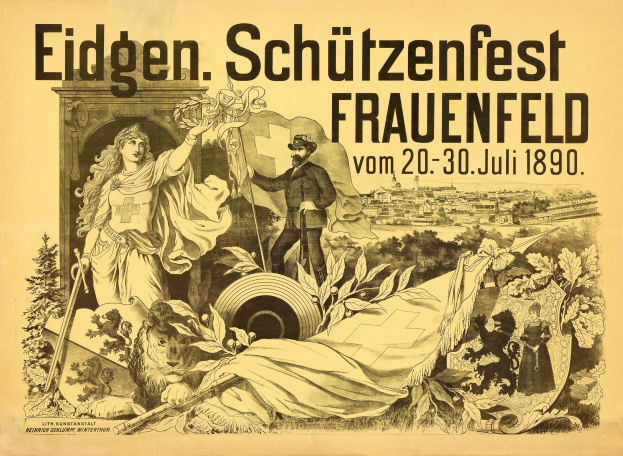 Plakat für das Eidgen Schützenfest in Frauenfeld, Deutschland, mit einem Mann im Anzug und einer Frau im Kleid und Ereignisinformationen im Text.