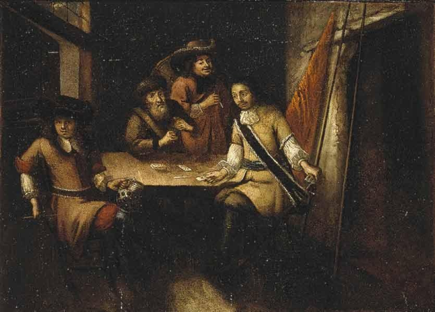 Gemälde namens "Das Kartenspiel" von Rembrandt van Rijn, das eine Gruppe von Menschen zeigt, die um einen Tisch in einer Schenke Karten spielen, mit verstreuten Karten und Gegenständen auf dem Tisch, einem Vorhang rechts und einem Fenster im Hintergrund.