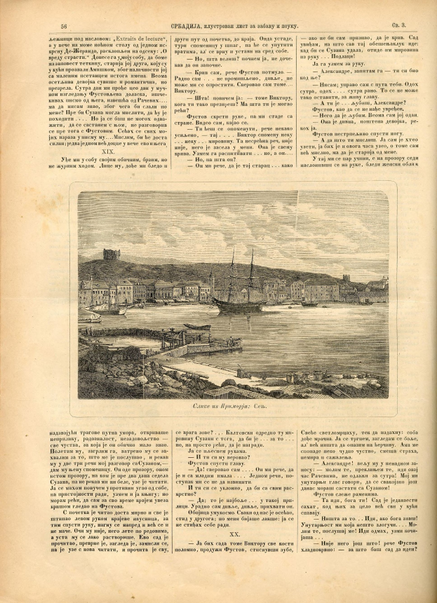 Ein aufgeschlagenes Buch mit einer Zeichnung eines Hafens und begleitendem Text und Bildern, die detaillierte Informationen über den Hafen bereitstellen.