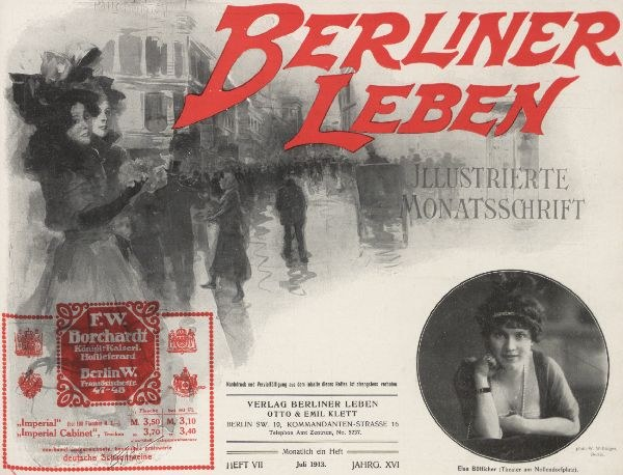 Eine Frau in einem Kleid und ein Mann in einem Anzug sind auf einer Werbung für den Berliner Leben Film zu sehen, mit Text, einem Stempel, einigen Menschen und einem Gebäude im Hintergrund.