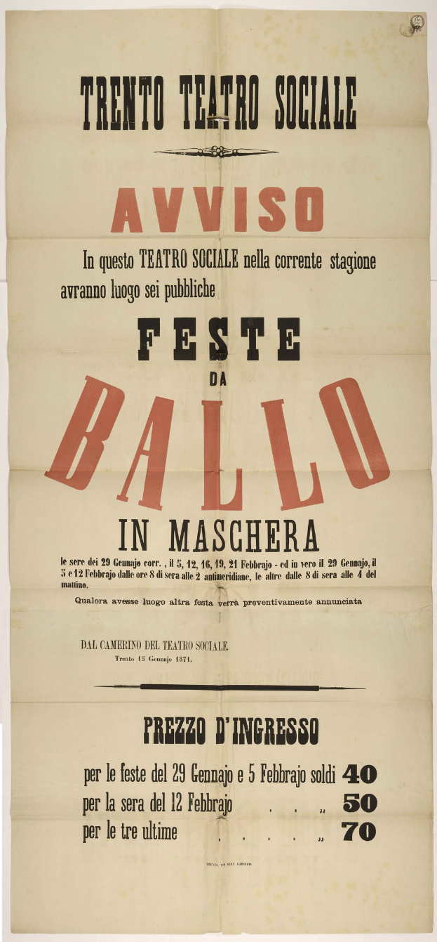 Old poster advertising a festival in Maschera, Italy, with text describing the event.