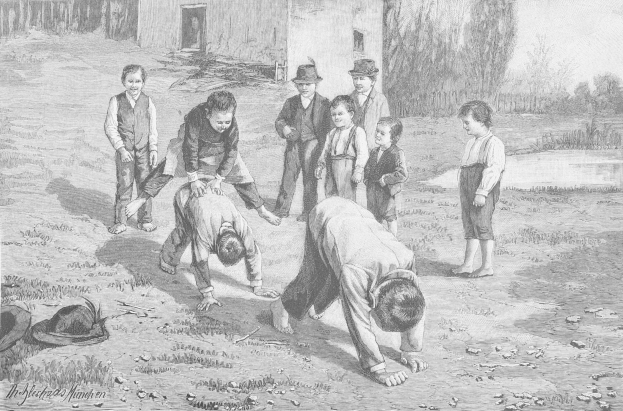 Schwarz-weißes Bild von Kindern auf einem Feld, mit zwei Jungen, die in der Mitte kämpfen, während die anderen zuschauen; ein Hut und Text sind links zu sehen.