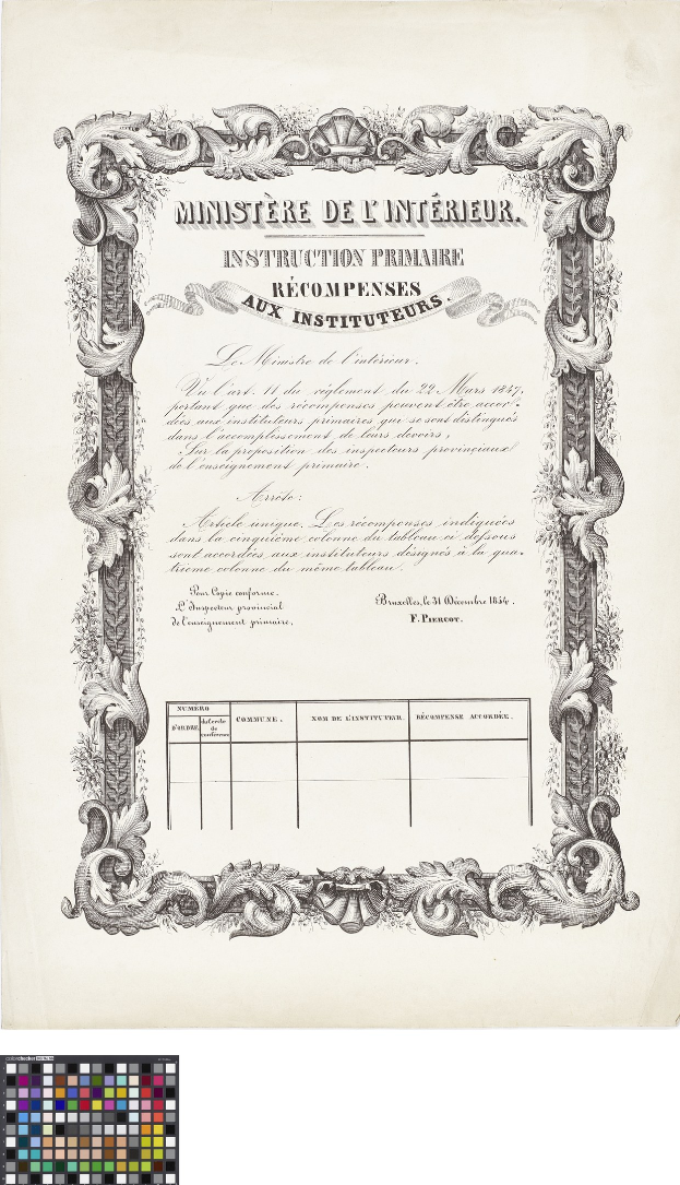 Ein Zertifikat des Ministeriums des Innern mit Text und Design sowie einem Farbkasten unten links.