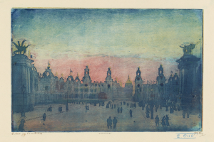 Ein Gemälde einer belebten Stadtplatz mit Passanten, umgebenen Gebäuden und Statuen, mit Text unten.