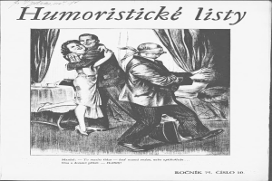 Ein Schwarz-Weiß-Bild eines tanzenden Mannes und einer Frau mit Vorhängen und einem Tisch mit Tassen und Untertassen im Hintergrund, mit Text oben und unten, der 'humoristicke listy - rocnik 75 cišlo 10' lautet.