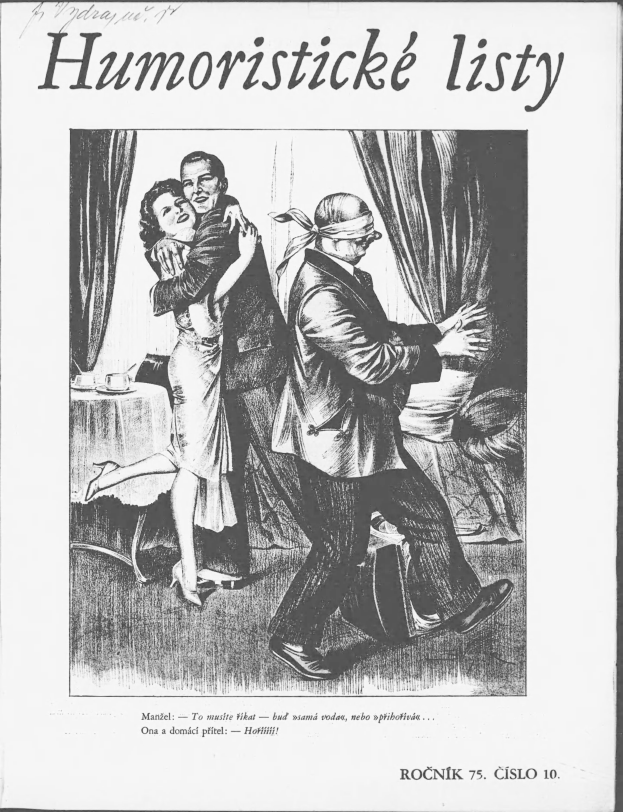 Ein Schwarz-Weiß-Bild eines tanzenden Mannes und einer Frau mit Vorhängen und einem Tisch mit Tassen und Untertassen im Hintergrund, mit Text oben und unten, der 'humoristicke listy - rocnik 75 cišlo 10' lautet.