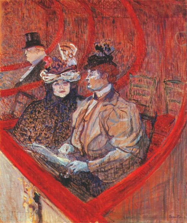Gemälde mit dem Titel "Die Oper" von Edouard Manet, das zwei formell gekleidete Personen an einem Tisch in einem Raum mit gemustertem Tapeten und einer Stadtpanoramansicht zeigt, während eine dritte Person im Hintergrund steht.
