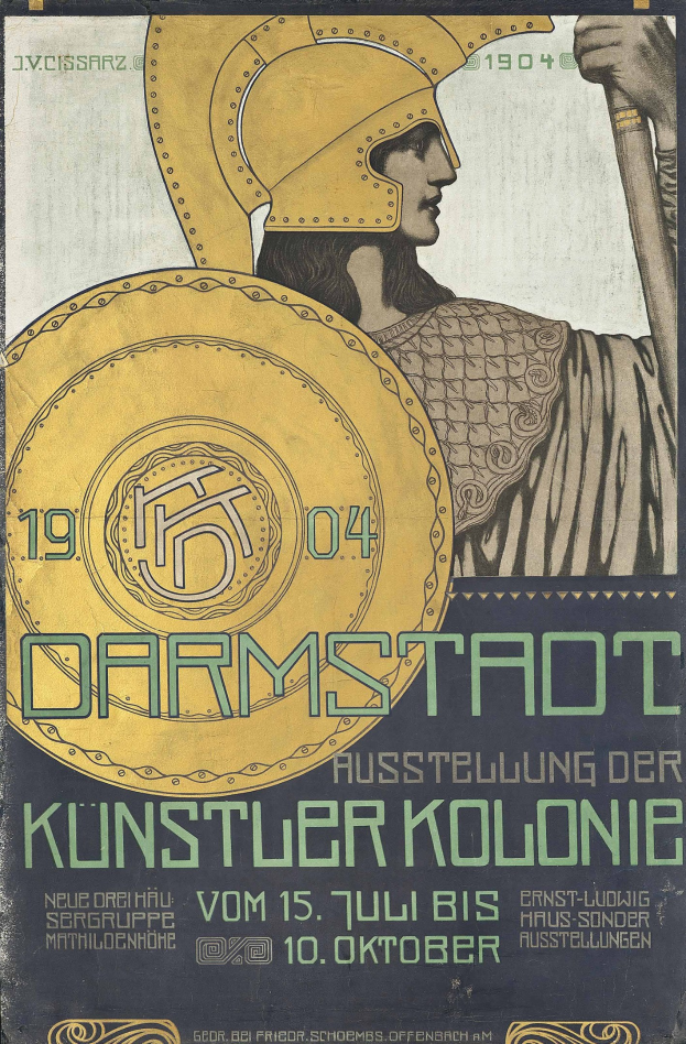 Plakat für ein 1904er Berlin-Konzert mit einem Helmträger, der ein Schild hält, und "Darmstadt" und "Künstler Kolonie" in fetter Schrift.