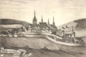 Eine Schwarz-Weiß-Zeichnung einer Stadt mit einer zentralen Burg, umgeben von Häusern, Bäumen, Hügeln und Himmel, mit dem Text "Bayerisch" unten.