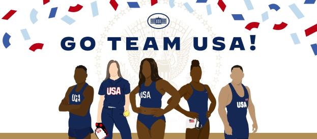 Gruppe animierter Menschen vor einem weißen Hintergrund mit den Worten "Go Team USA" in großen, bunten Buchstaben, repräsentierend das US-amerikanische Frauen-Volleyballteam.