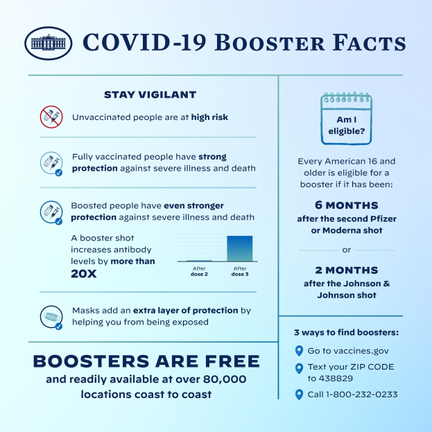 Ein Plakat mit der Aufschrift "Covid-19-Booster-Fakten" mit Text und Bildern, darunter ein Grafik eines Menschen mit Mund-Nasen-Schutz, das Informationen über Virusdiagnosen, Typ und Risiken enthält.