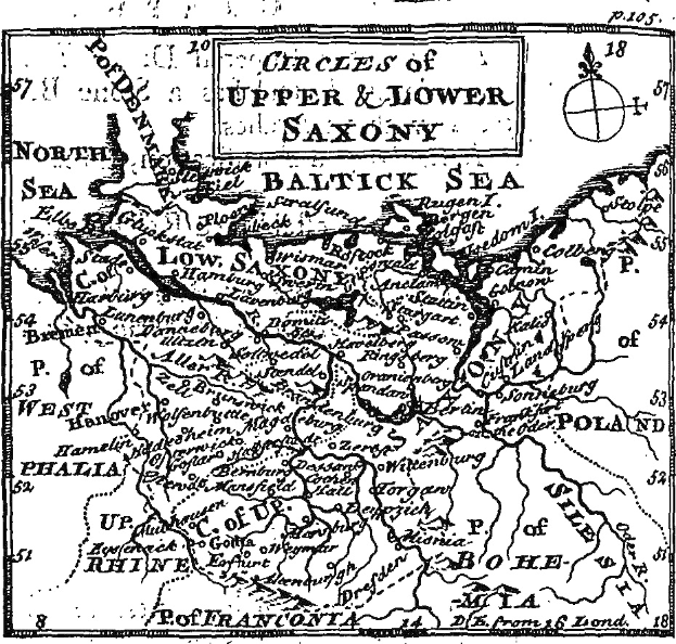 Schwarze und weiße Karte von Ober- und Niedersachsen, die geographische Merkmale wie Flüsse, Berge und Städte zeigt, mit zusätzlichen textuellen Anmerkungen.
